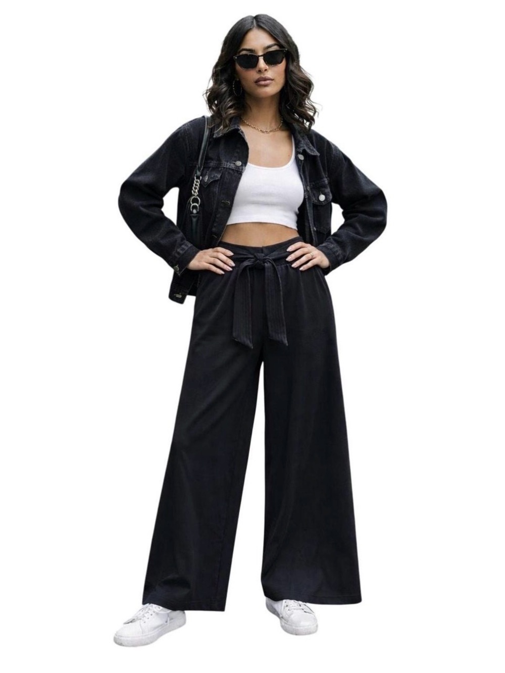 GUC Zara Small Black Wide Leg Tie Waist Palazzo Pants High Waist Flat Front